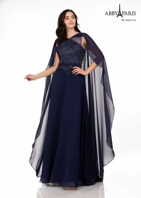 Abby Paris 96067 A-Line Embellished Bodice Sheer Cape V-Back High Neck MOB Formal Gown