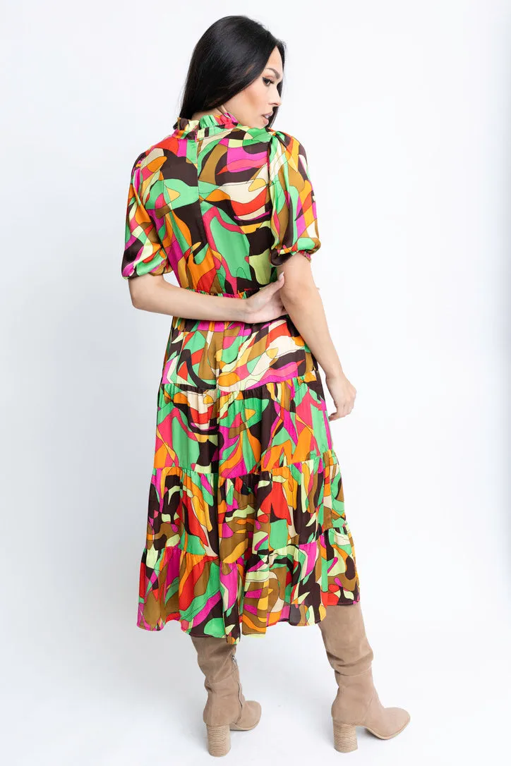 Abstract Satin Tier Maxi Dress