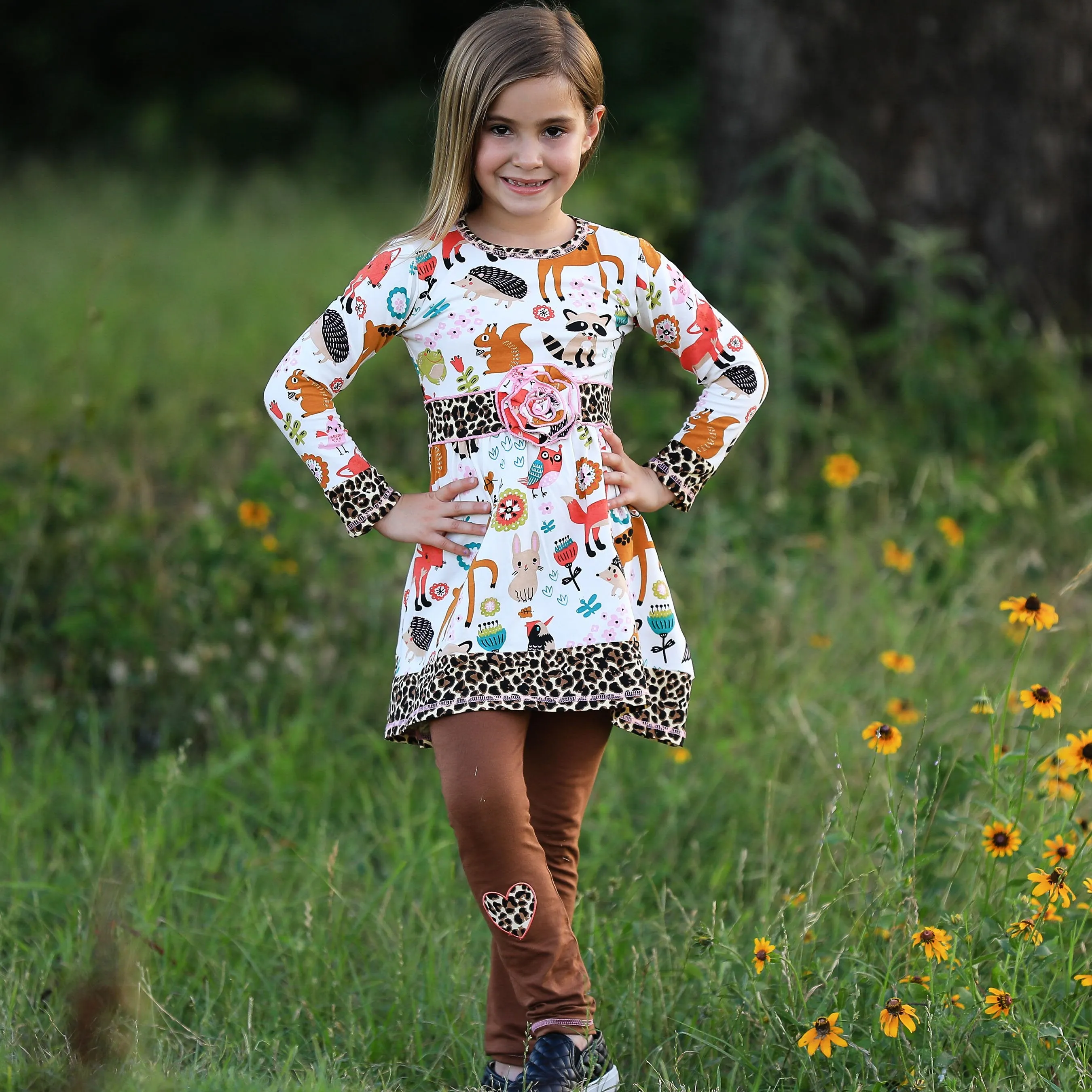 AnnLoren Big Little Girls Boutique Fall Forest Fox and Friends Dress &