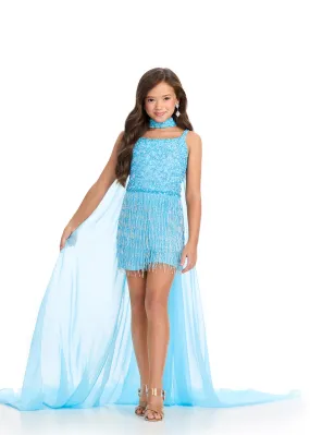 Ashley Lauren Kids 8285 Girls Beaded Fringe Romper Choker Cape Pageant Sequin Fun Fashion