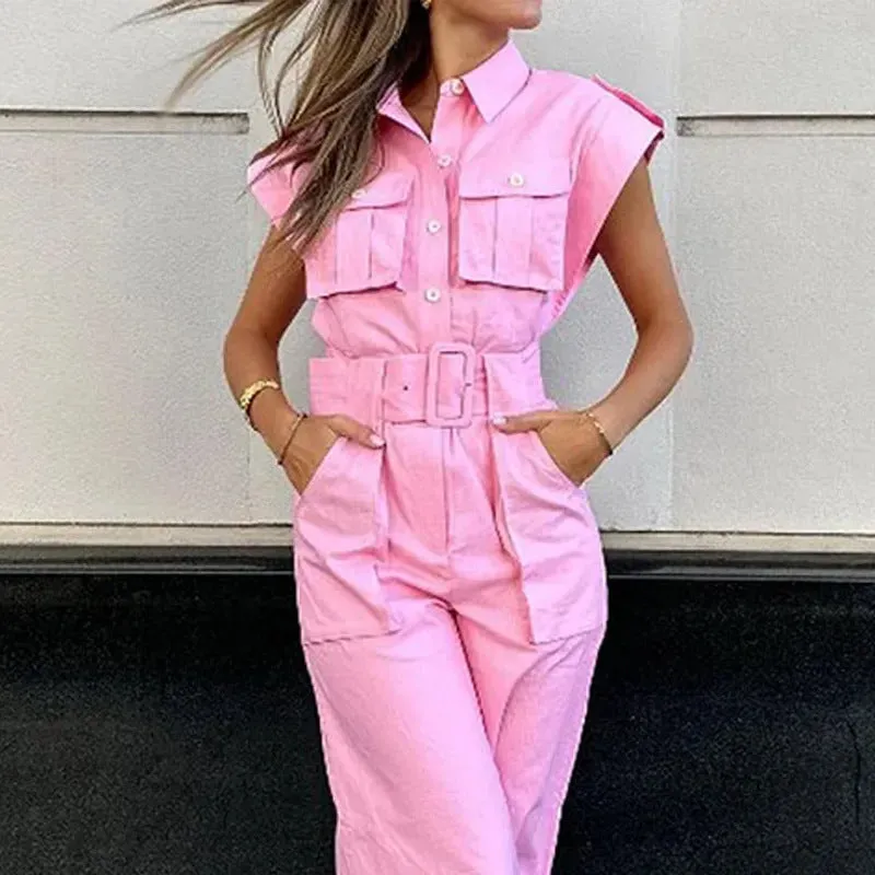 Barbie pink slanted shoulder jumpsuit