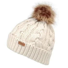 Barbour Hats Penshaw Cable Knit Faux Fur Pom Bobble Hat - Cream