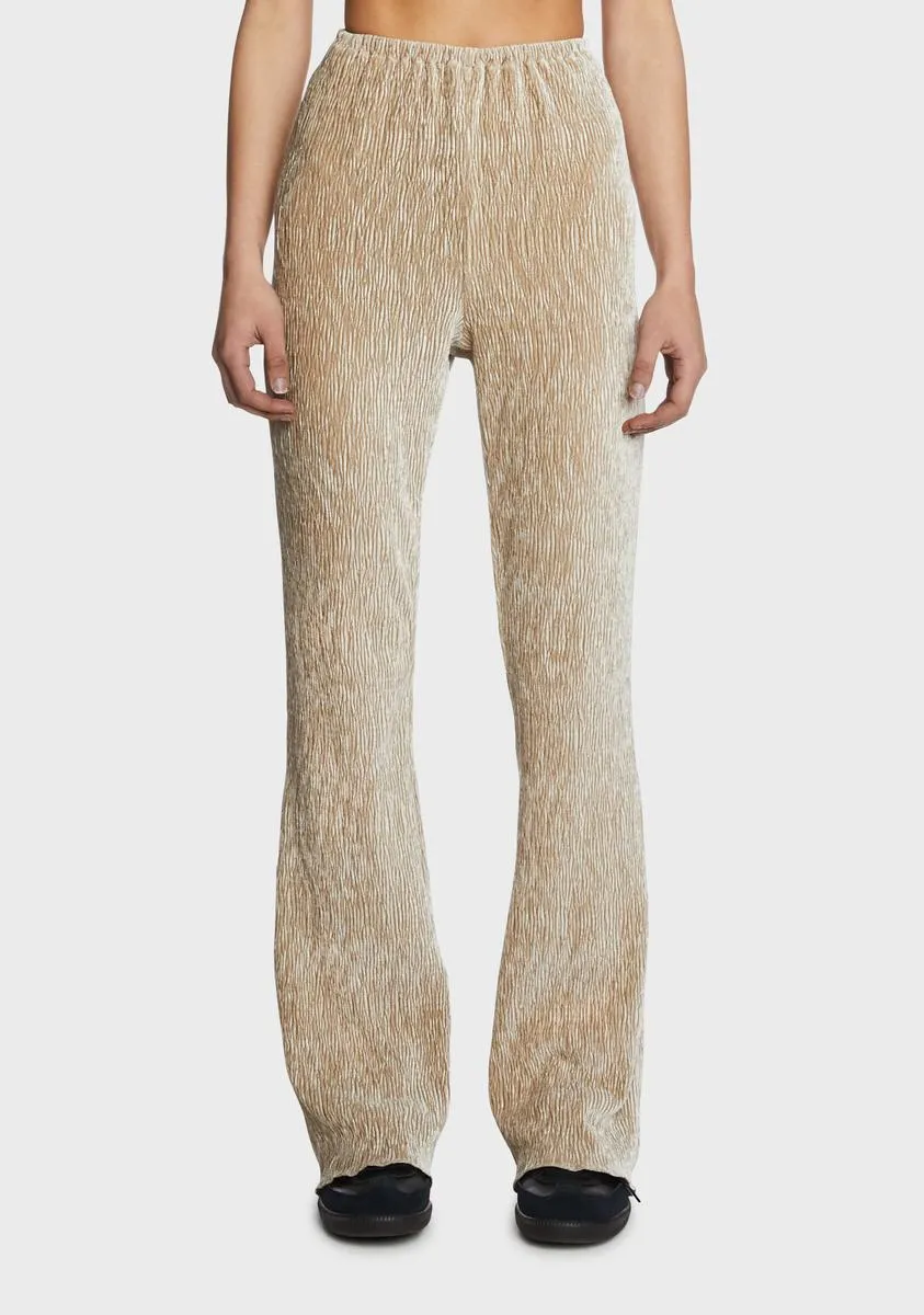 Beige Plisse Knit Flare Pants