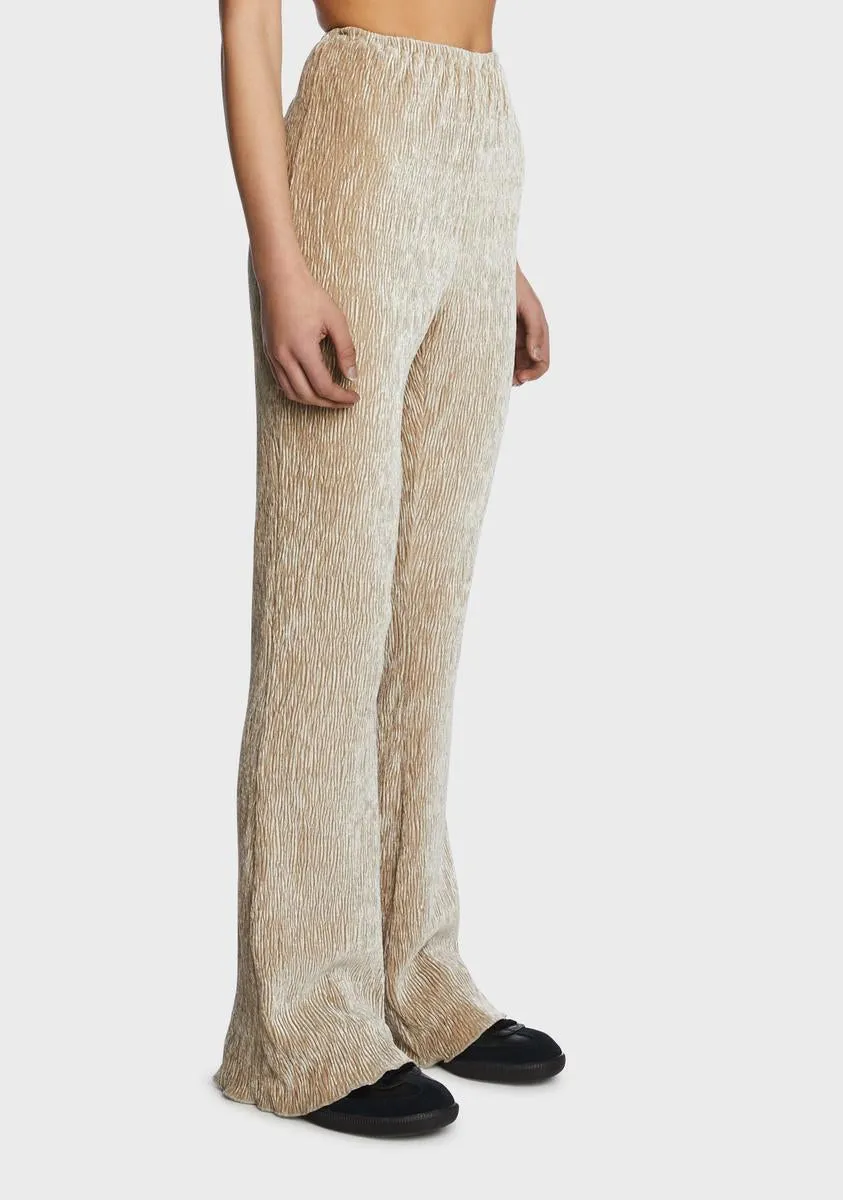 Beige Plisse Knit Flare Pants