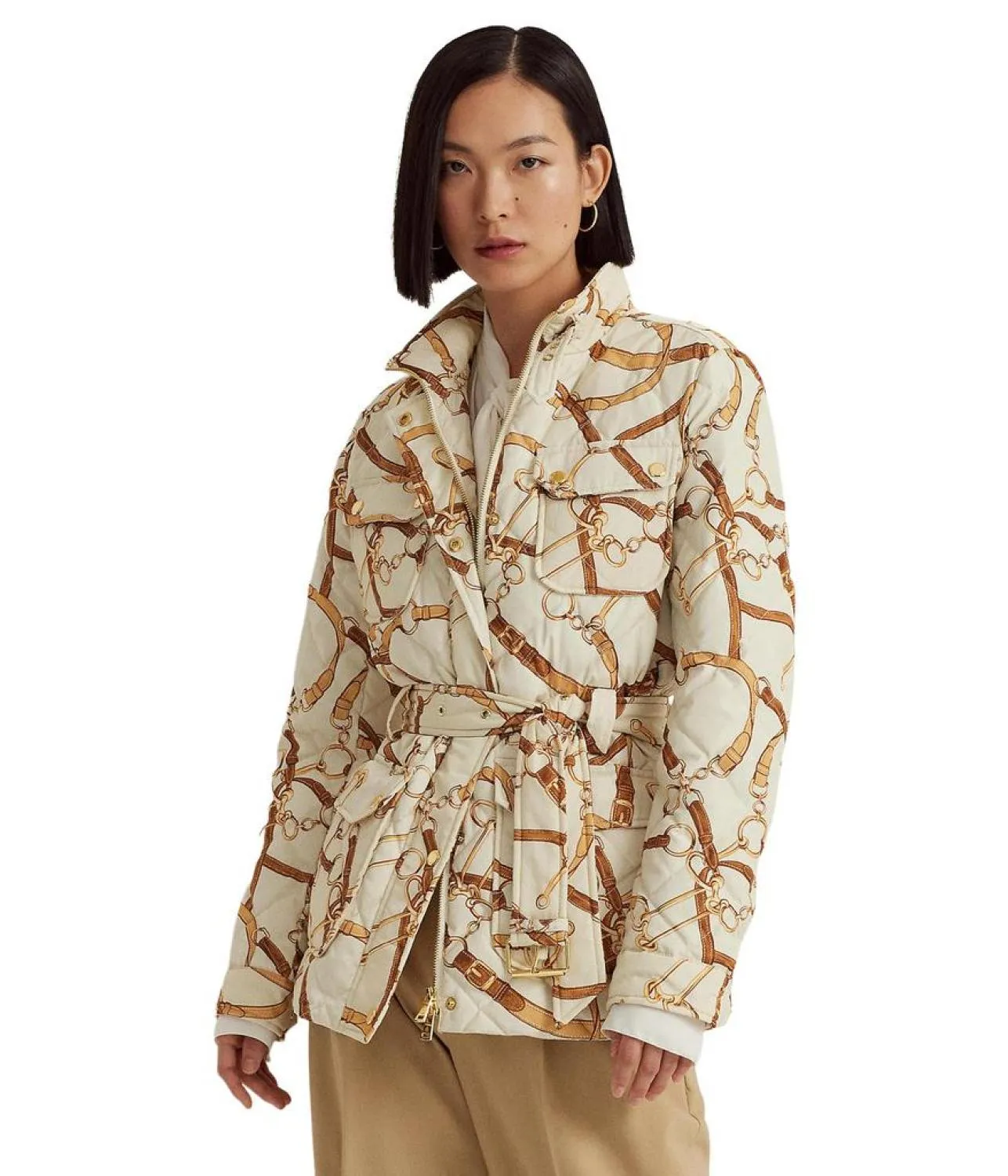 Belting-Print Diamond-Quilted Down Coat