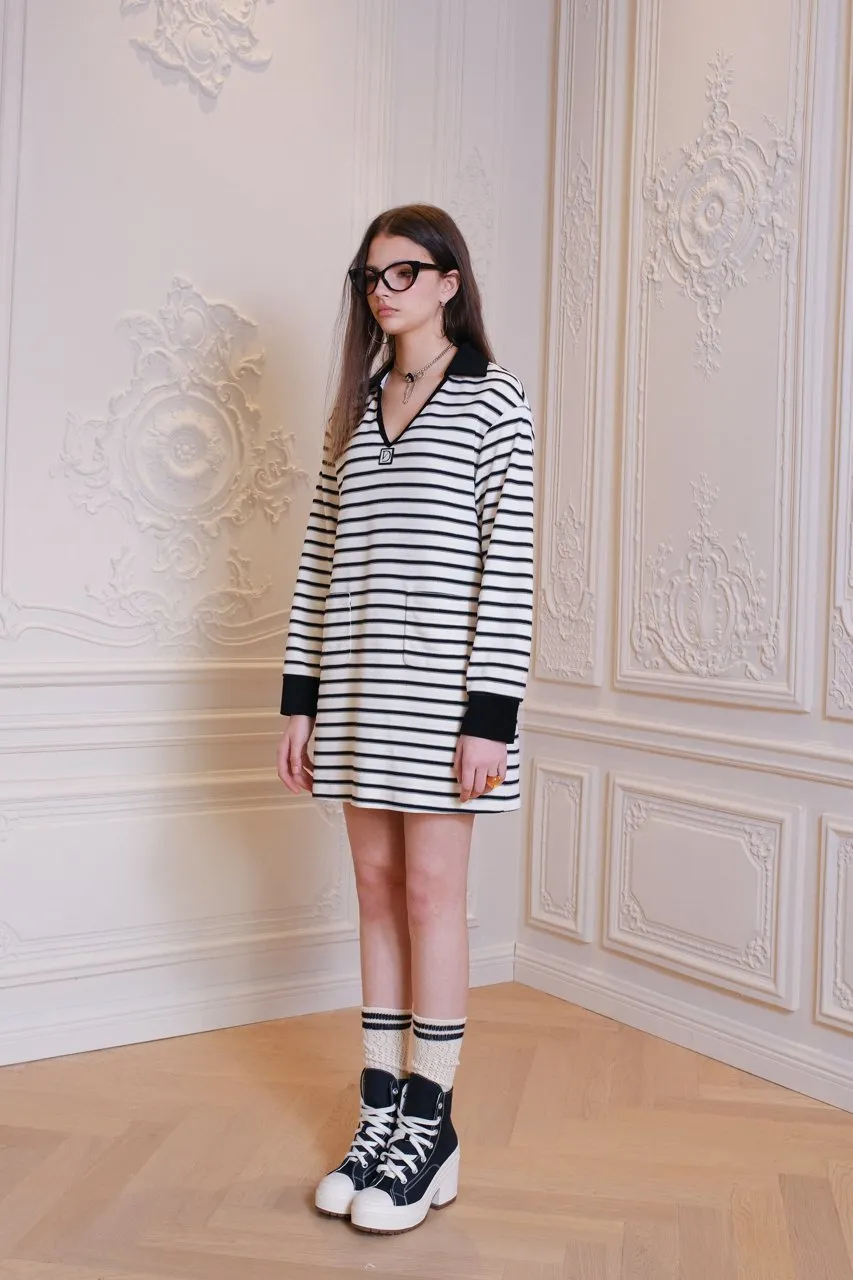 Black and White Striped Knit V-Neck Dress