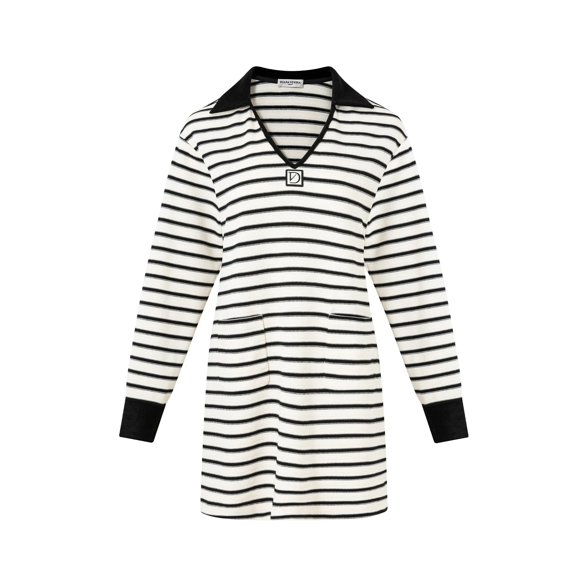 Black and White Striped Knit V-Neck Dress