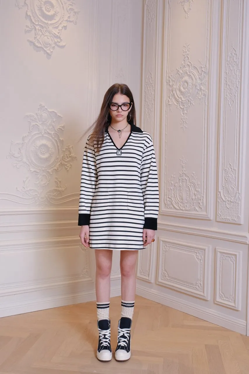 Black and White Striped Knit V-Neck Dress