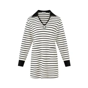 Black and White Striped Knit V-Neck Dress