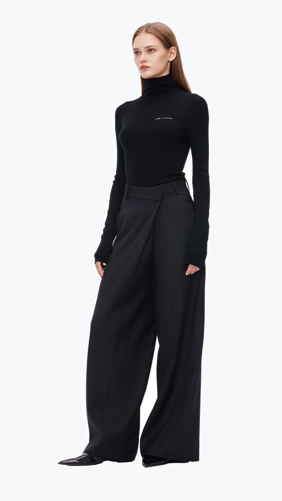 Black Folded Waist Design Draped Suit Trousers