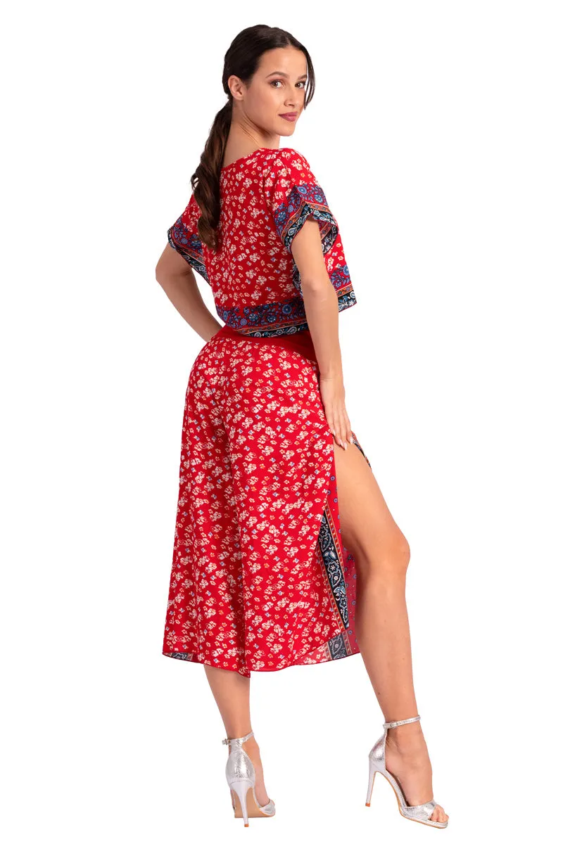 Bright Red Boho Print Wrap Cropped Culottes