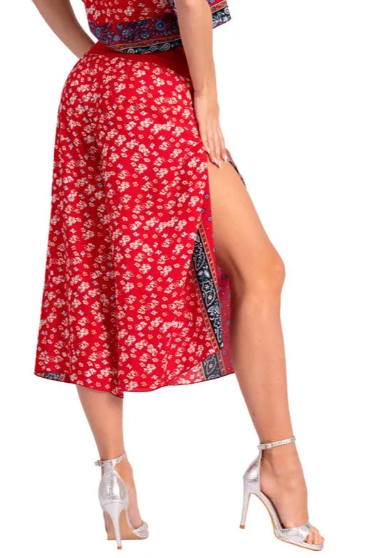 Bright Red Boho Print Wrap Cropped Culottes