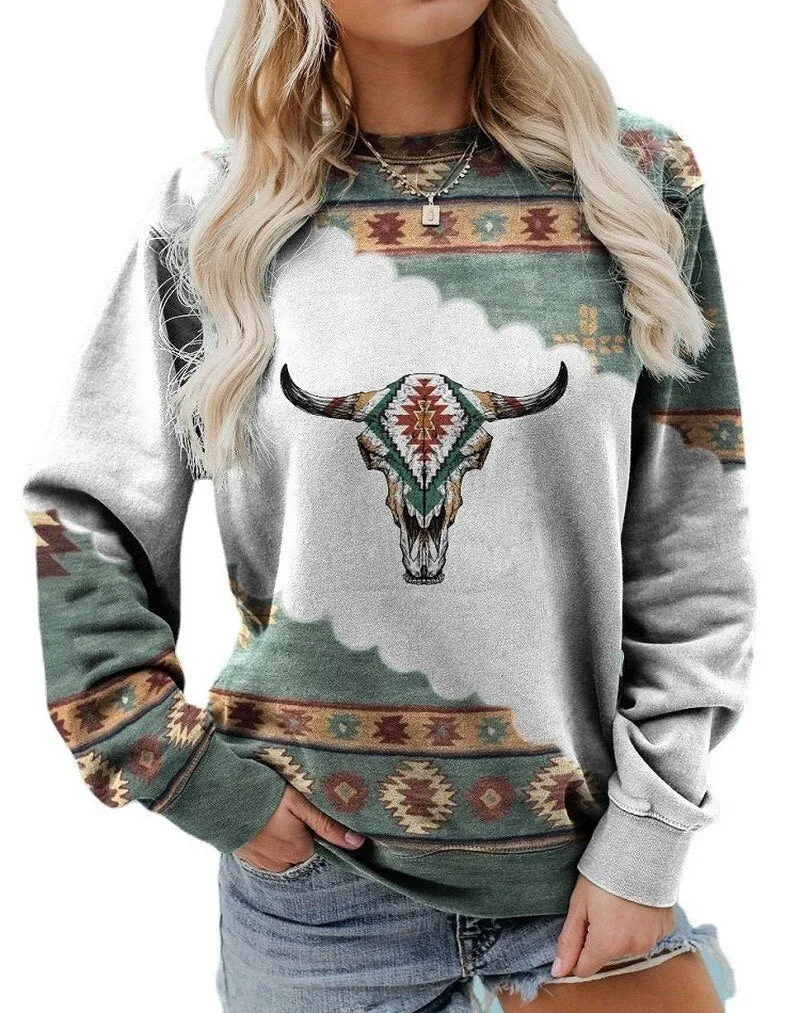 Buffalo Skull Green Sweatshirt Or Choose Aztec Print Southwestern Wandering Gypsy Crew Neck Long Sleeve T Shirt Available In Sizes Small Medium Large XL And Plus Size XXL 2X