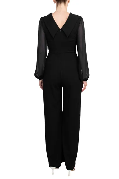 Connected Apparel Popover Neck Chiffon Long Sleeve Zipper Back Solid Jumpsuit by Curated Brands