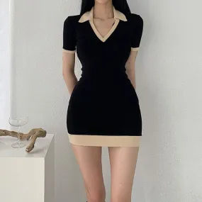 Contrasting V-Neck Bodycon Lapel Short Sleeve Dress