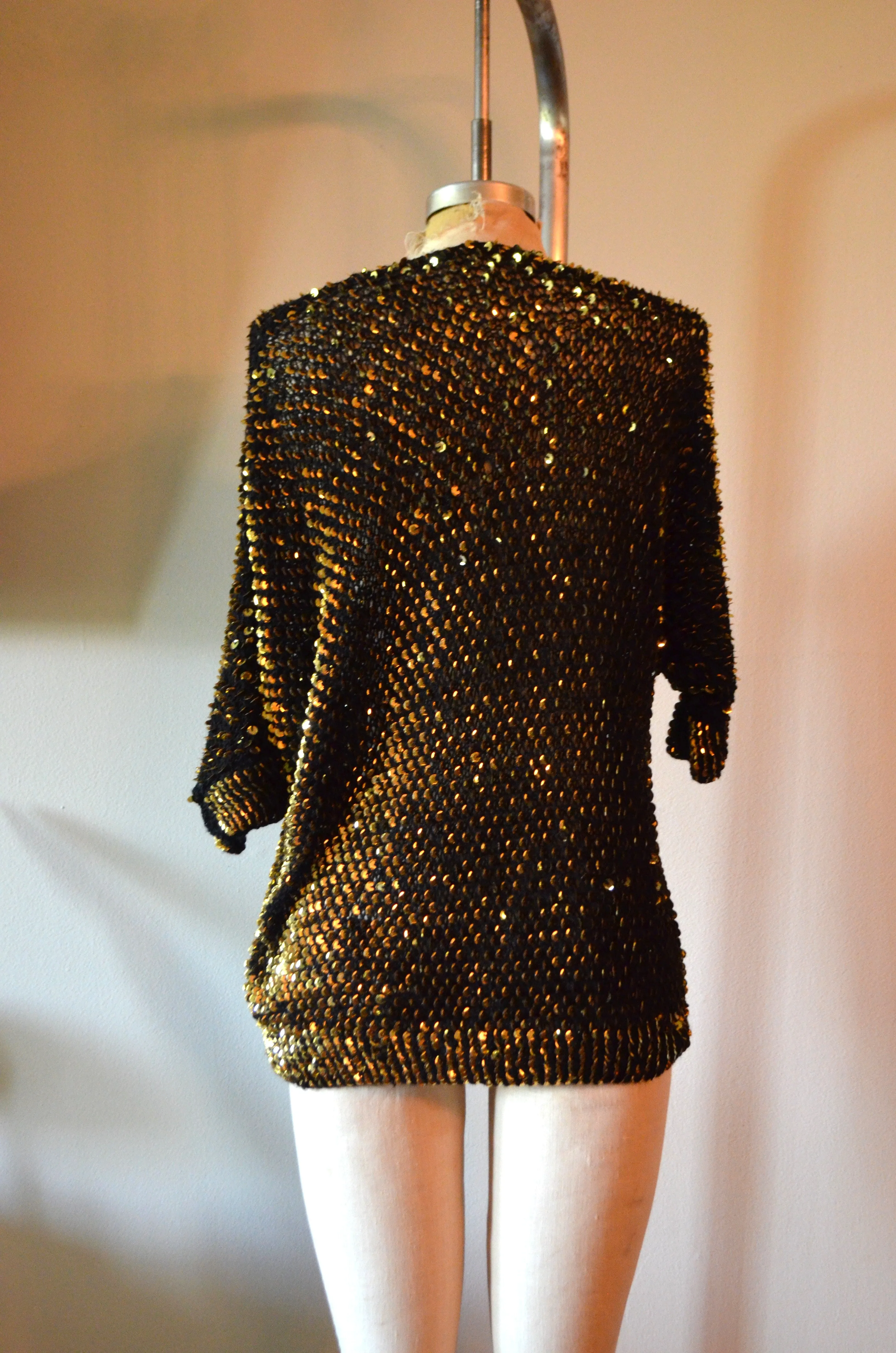 Crochet Asymmetrical Gold Sequins Knit top Lace Sweater Metallic Top Bohemian