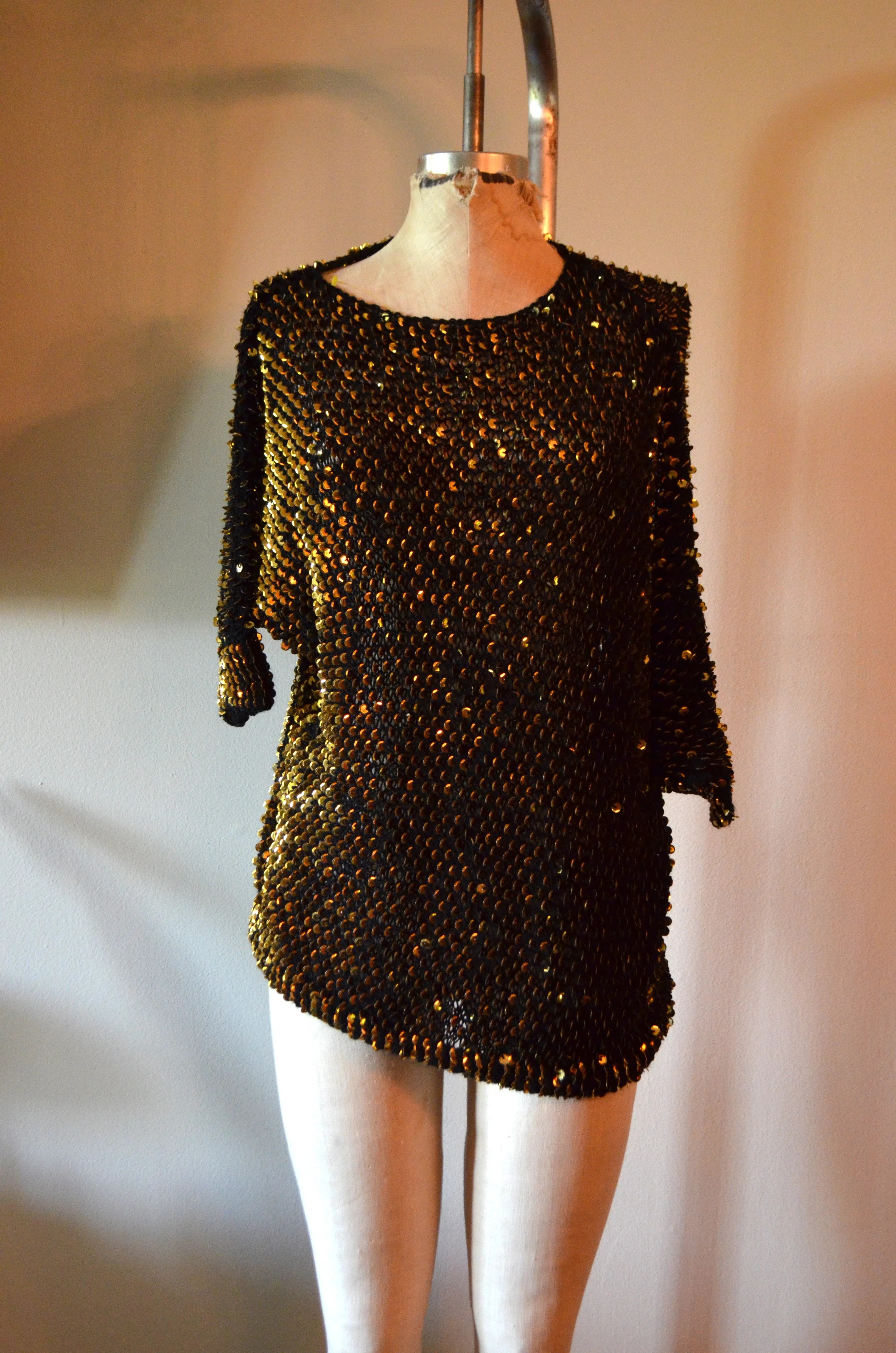 Crochet Asymmetrical Gold Sequins Knit top Lace Sweater Metallic Top Bohemian