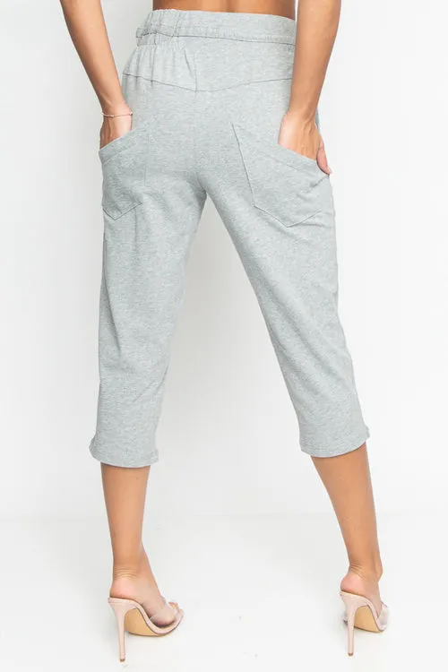 Cropped Sweat Pants with Asymmetrical Seam, Tummy Control Elastic Waistband and Front & Back Cargo Pockets (HA53365)