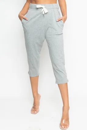 Cropped Sweat Pants with Asymmetrical Seam, Tummy Control Elastic Waistband and Front & Back Cargo Pockets (HA53365)