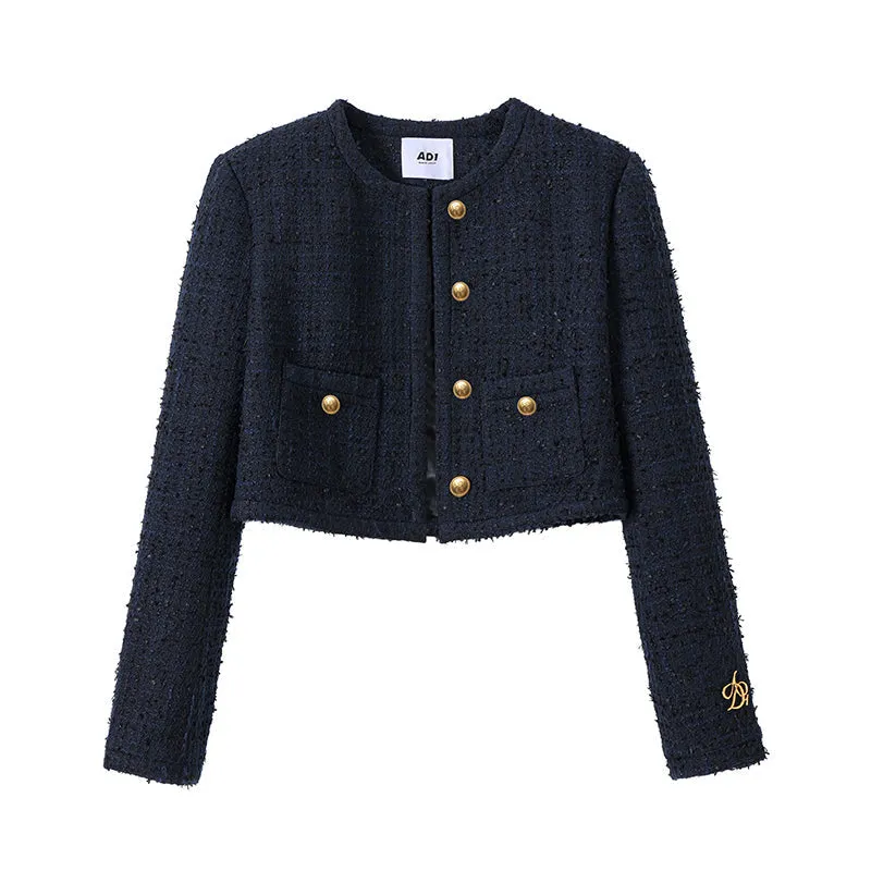 Cropped Tweed Jacket: Navy Blue Boucle with Gold Button Detail and Logo Embroidery