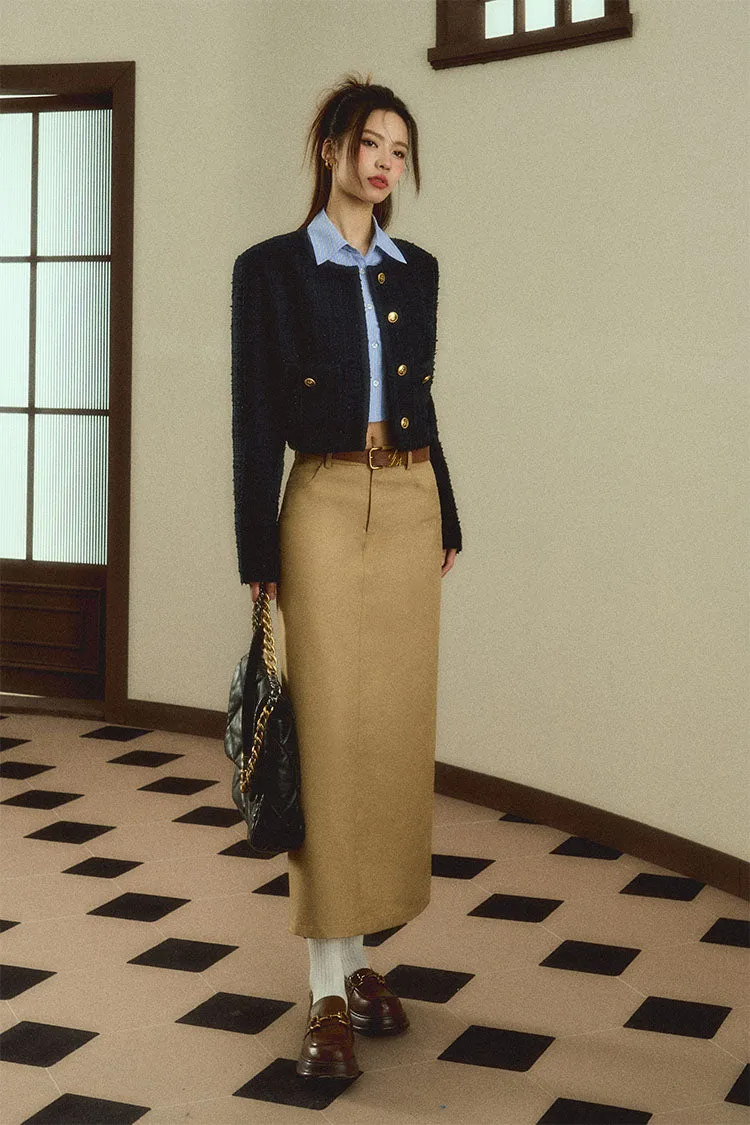 Cropped Tweed Jacket: Navy Blue Boucle with Gold Button Detail and Logo Embroidery