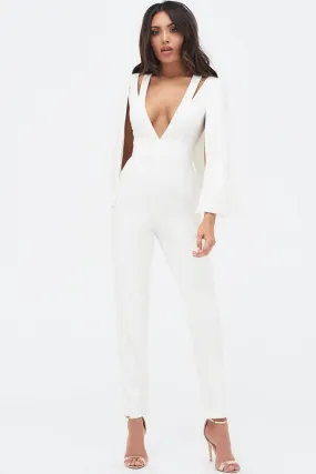 Cut Out Neck Cape Jumpsuit - White