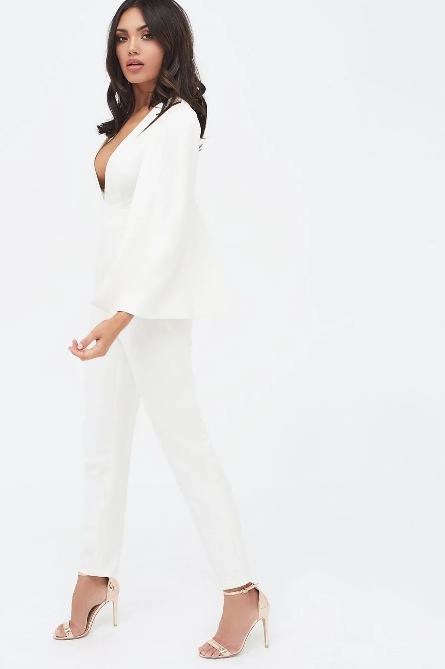 Cut Out Neck Cape Jumpsuit - White