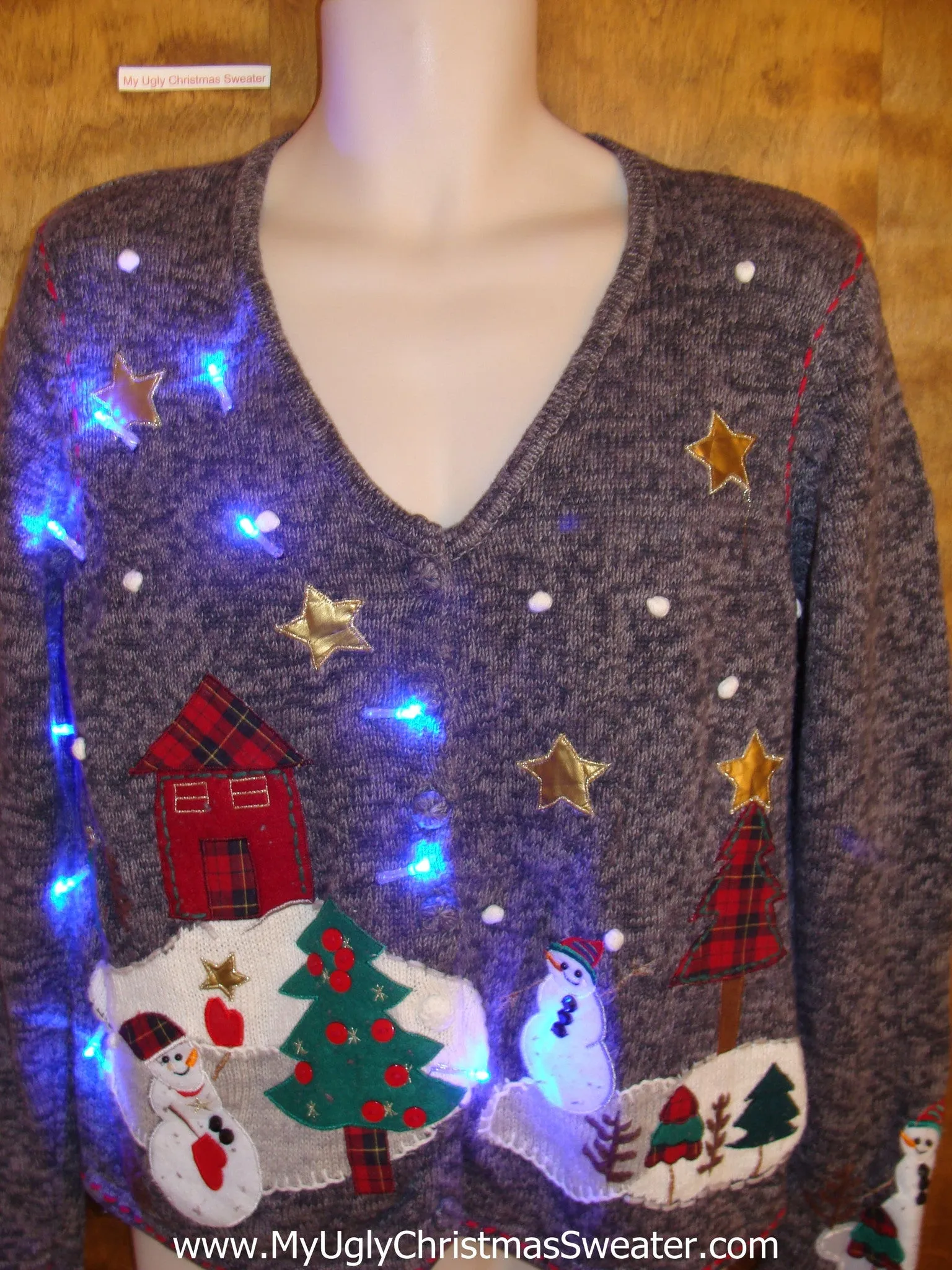 Cute Snowmen in the Stars Light Up Cheesy Christmas Sweater