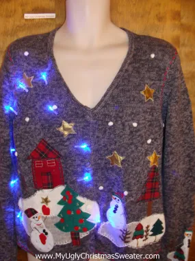 Cute Snowmen in the Stars Light Up Cheesy Christmas Sweater