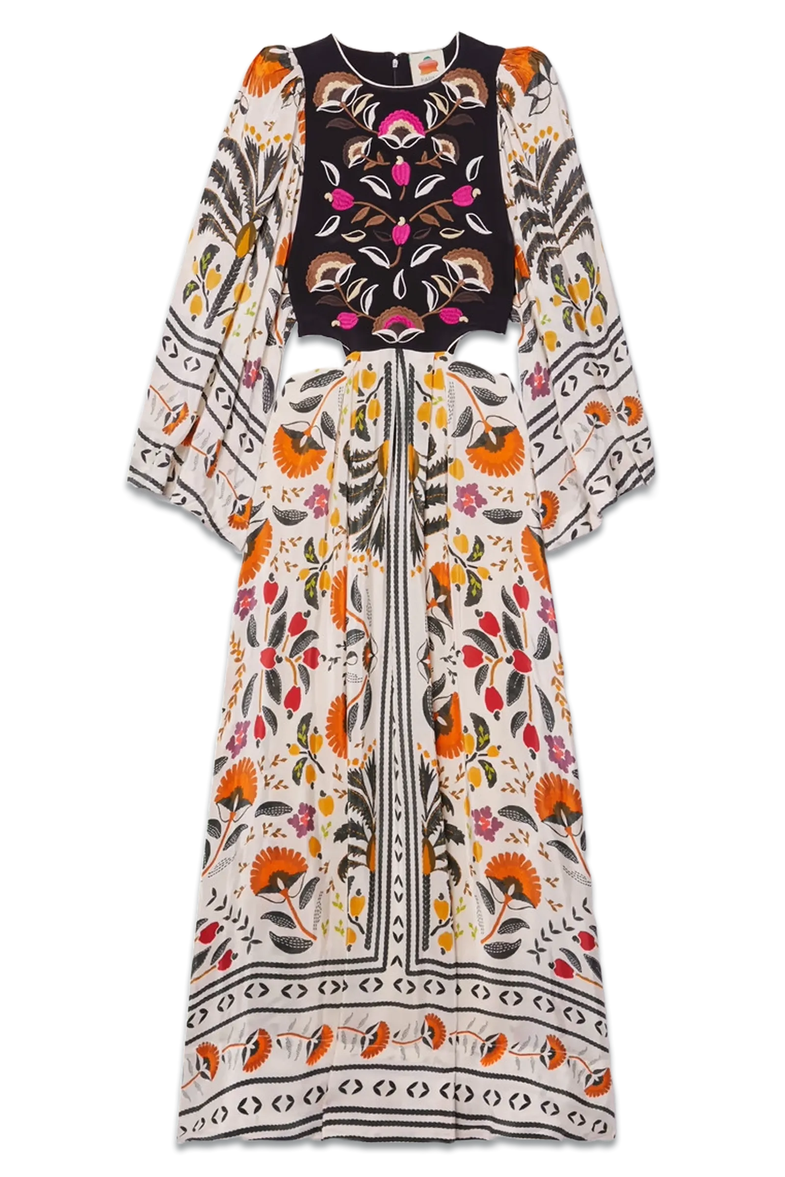 Cutout Embroidered Printed Crepe de Chine Maxi Dress