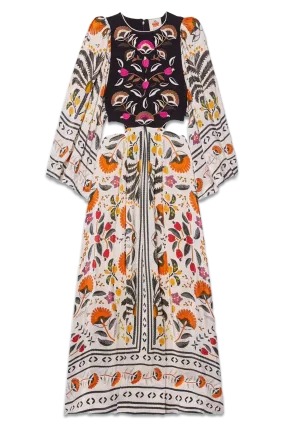 Cutout Embroidered Printed Crepe de Chine Maxi Dress