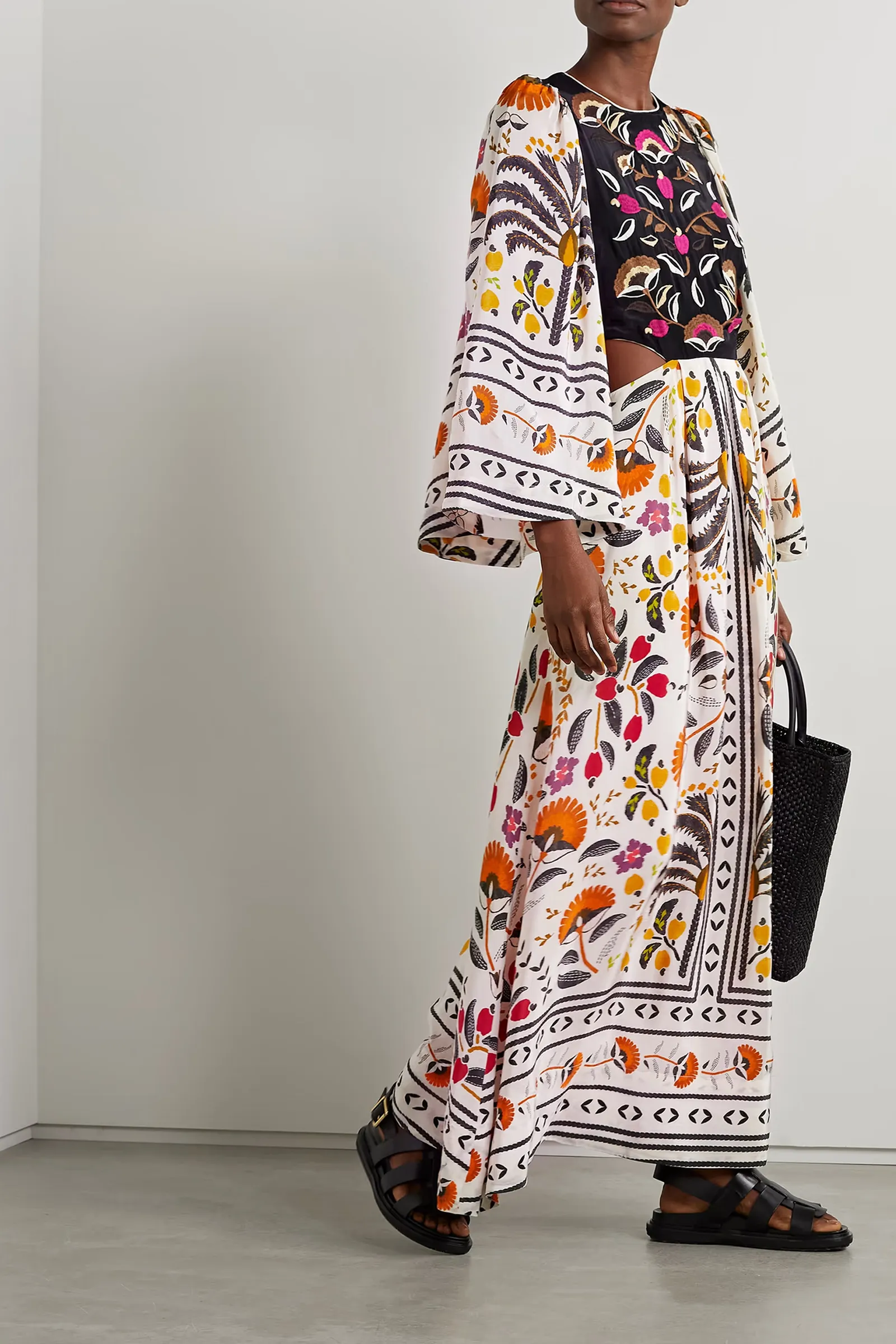 Cutout Embroidered Printed Crepe de Chine Maxi Dress