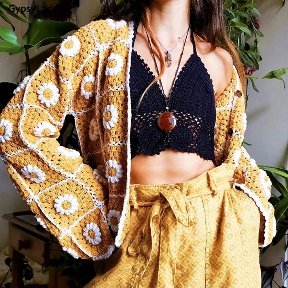 Daisy Squares Crochet Sweater Jacket Boho Sunny Flowers Cardigan Yellow With White Daisies Button Down Front One Size