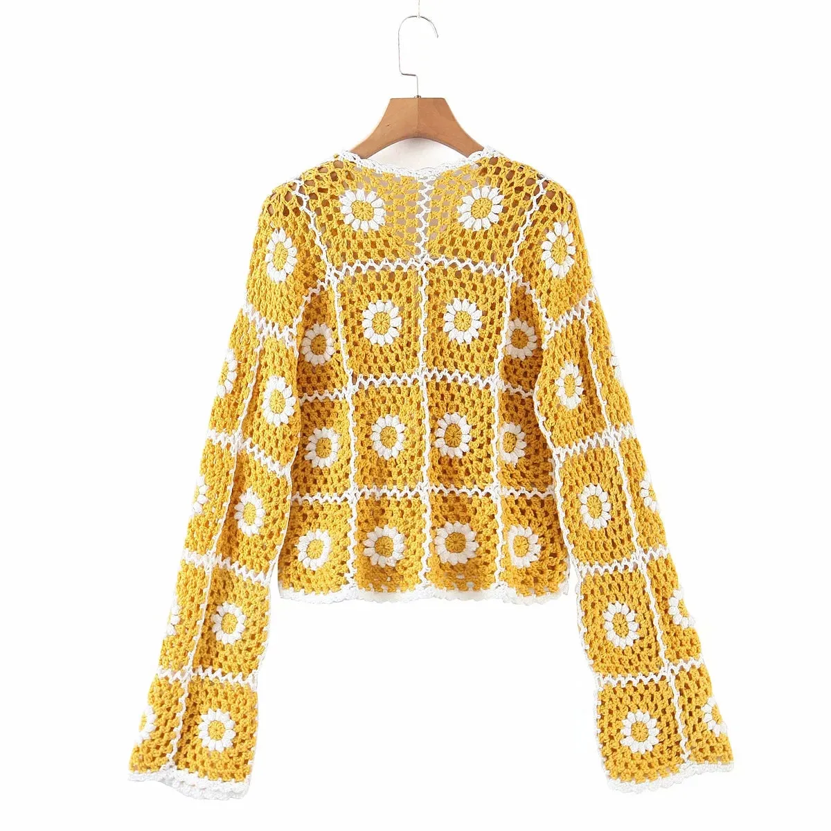 Daisy Squares Crochet Sweater Jacket Boho Sunny Flowers Cardigan Yellow With White Daisies Button Down Front One Size