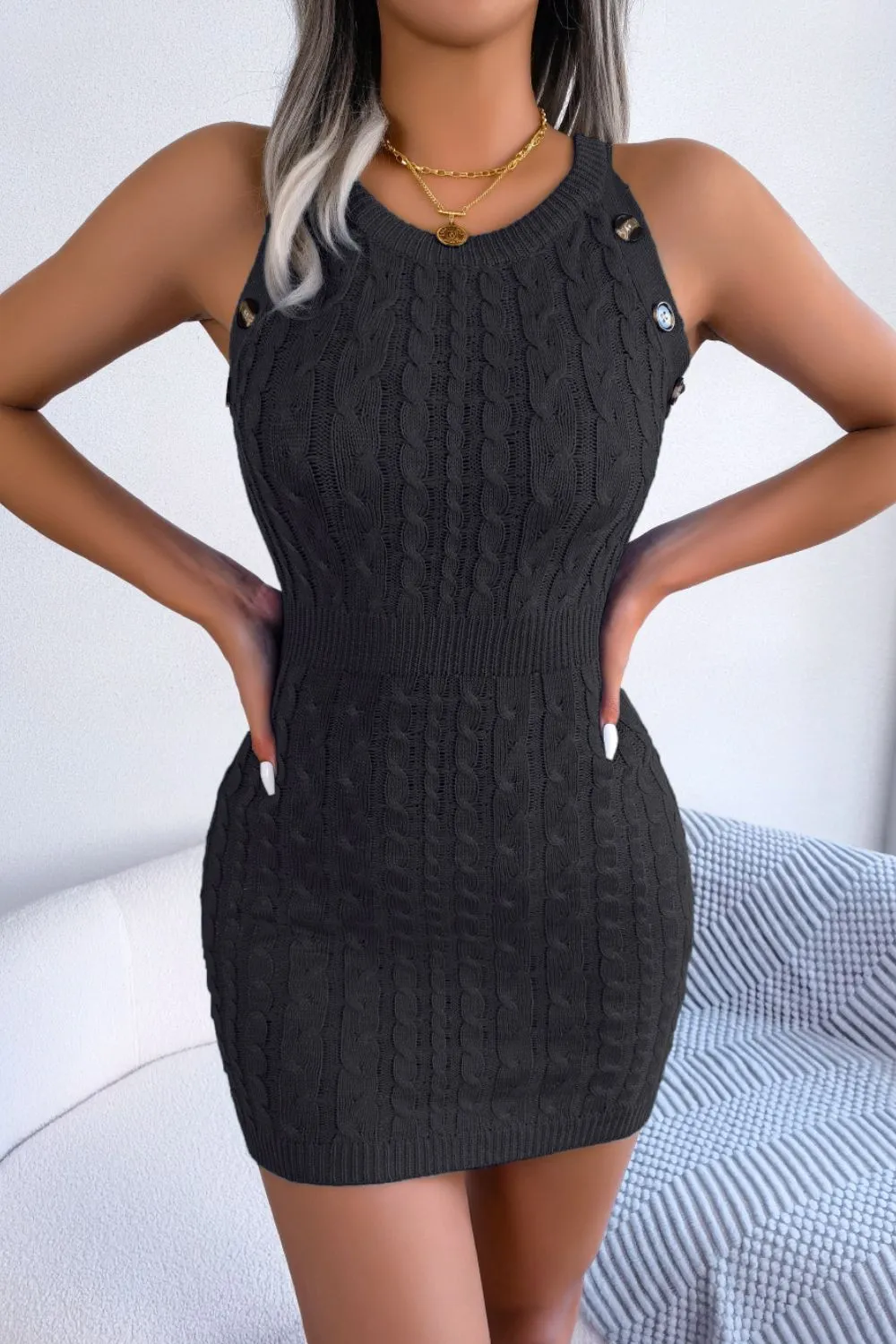 Decorative Button Sleeveless Cable-Knit Sweater Dress