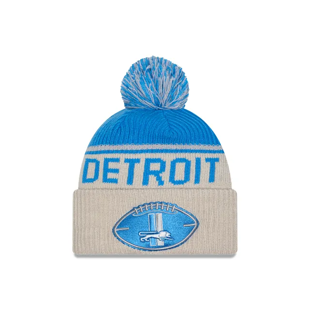 Detroit Lions NFL New Era Men's Light Blue Beige 2024 Sideline Historic Sport Knit Pom Hat