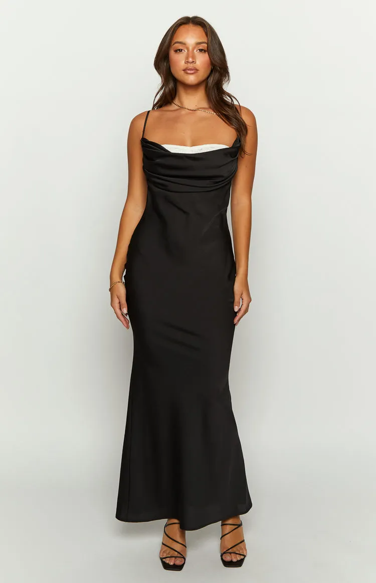 Evelyn Lace Detail Black Satin Maxi Dress