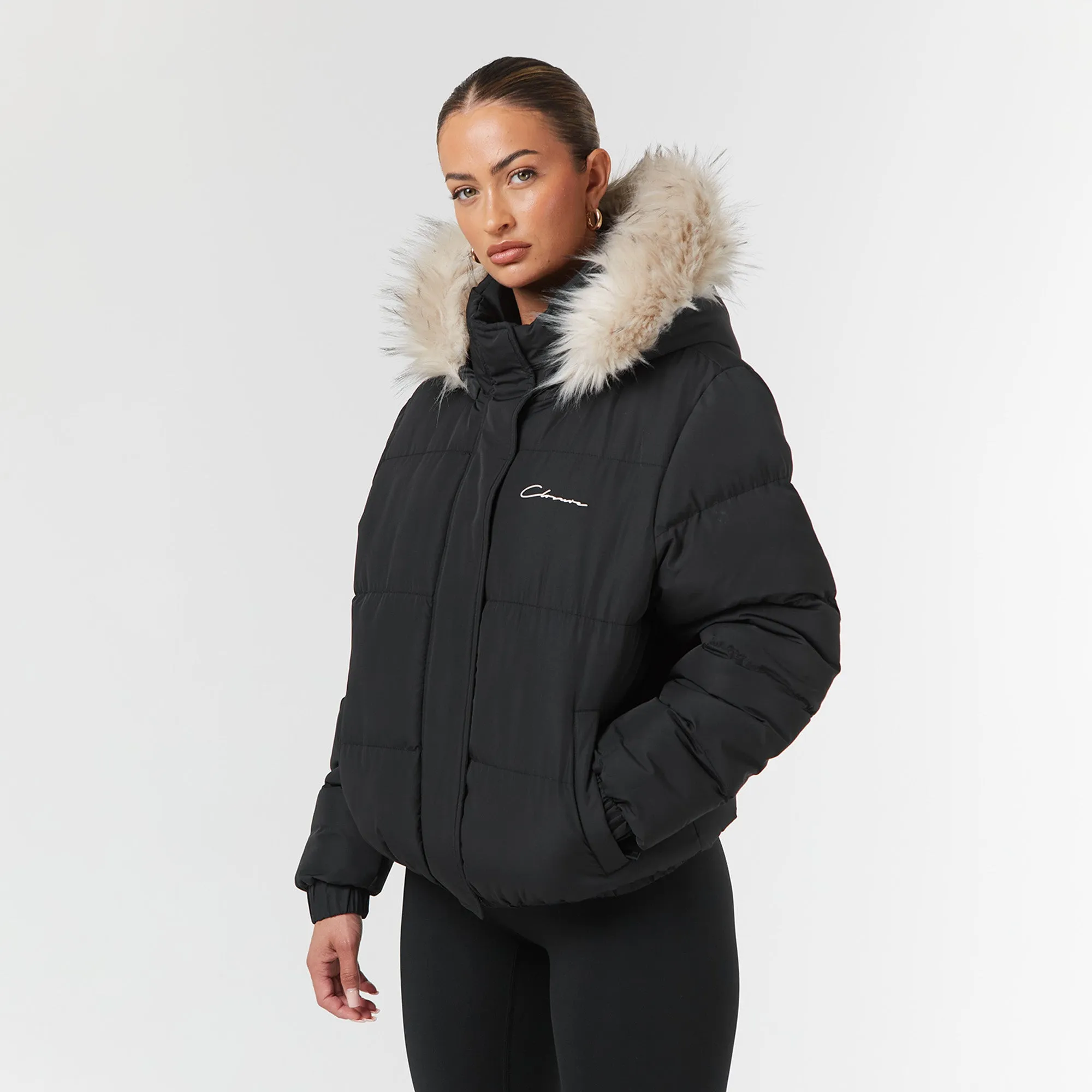 Faux Fur Cropped Puffer | Black