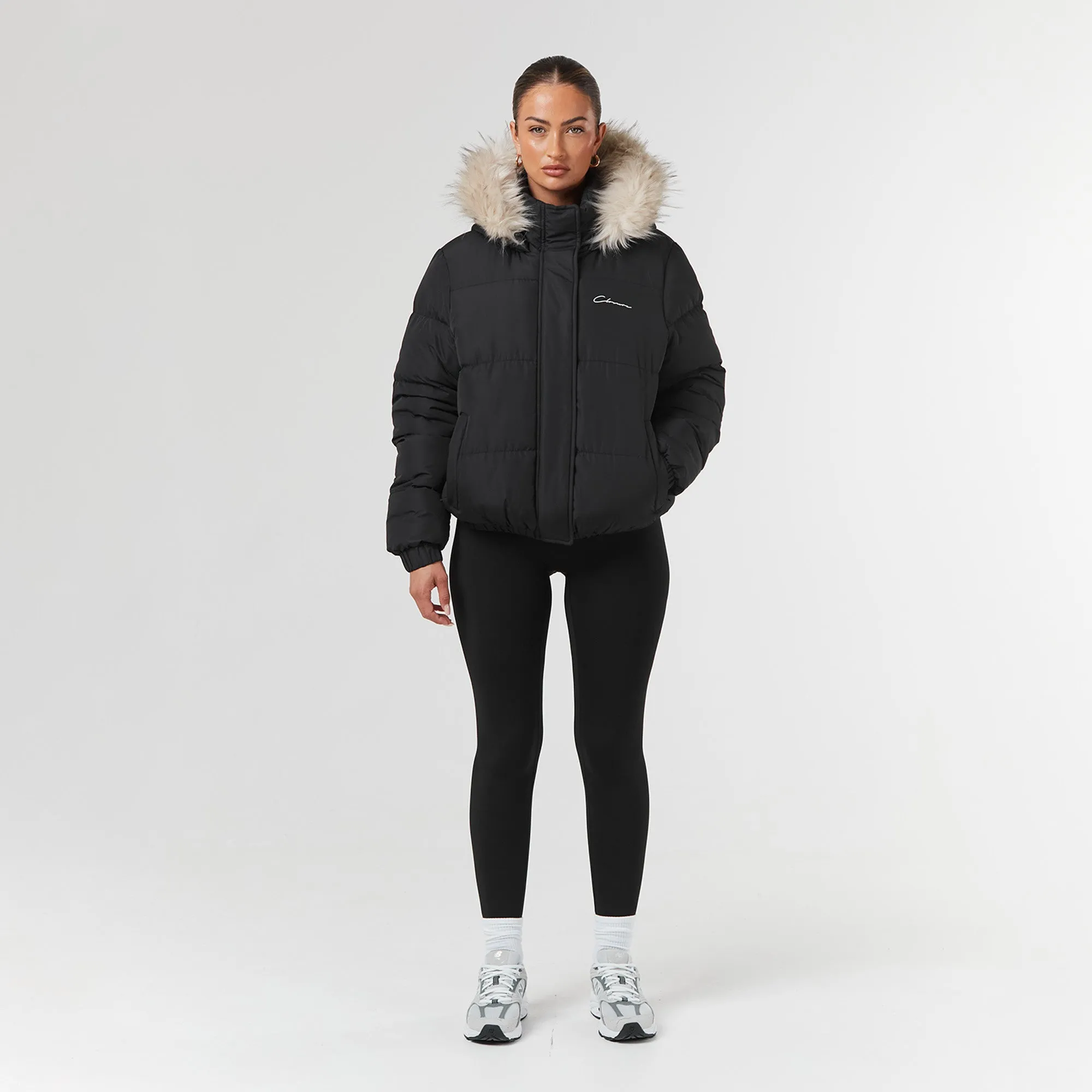 Faux Fur Cropped Puffer | Black