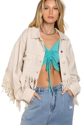 Fringe Distressed Crop Denim Jacket