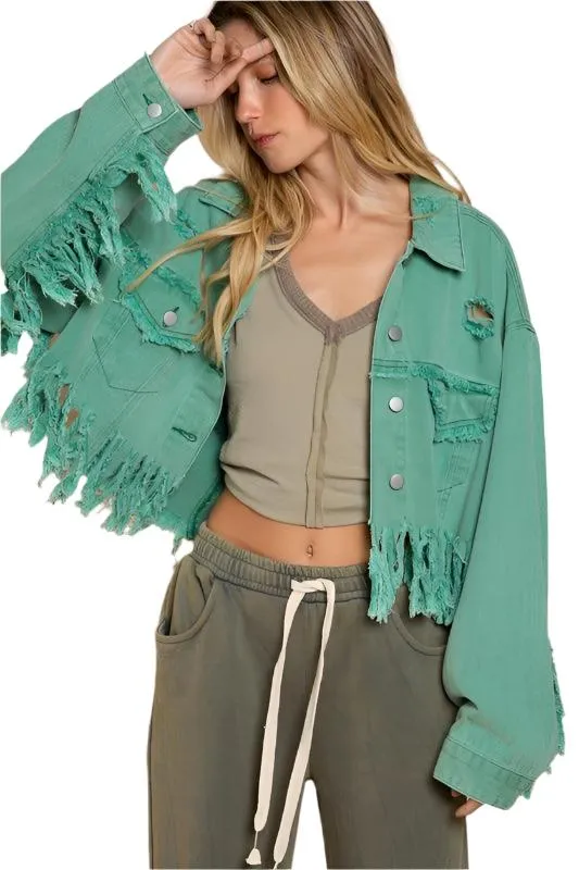 Fringe Distressed Crop Denim Jacket