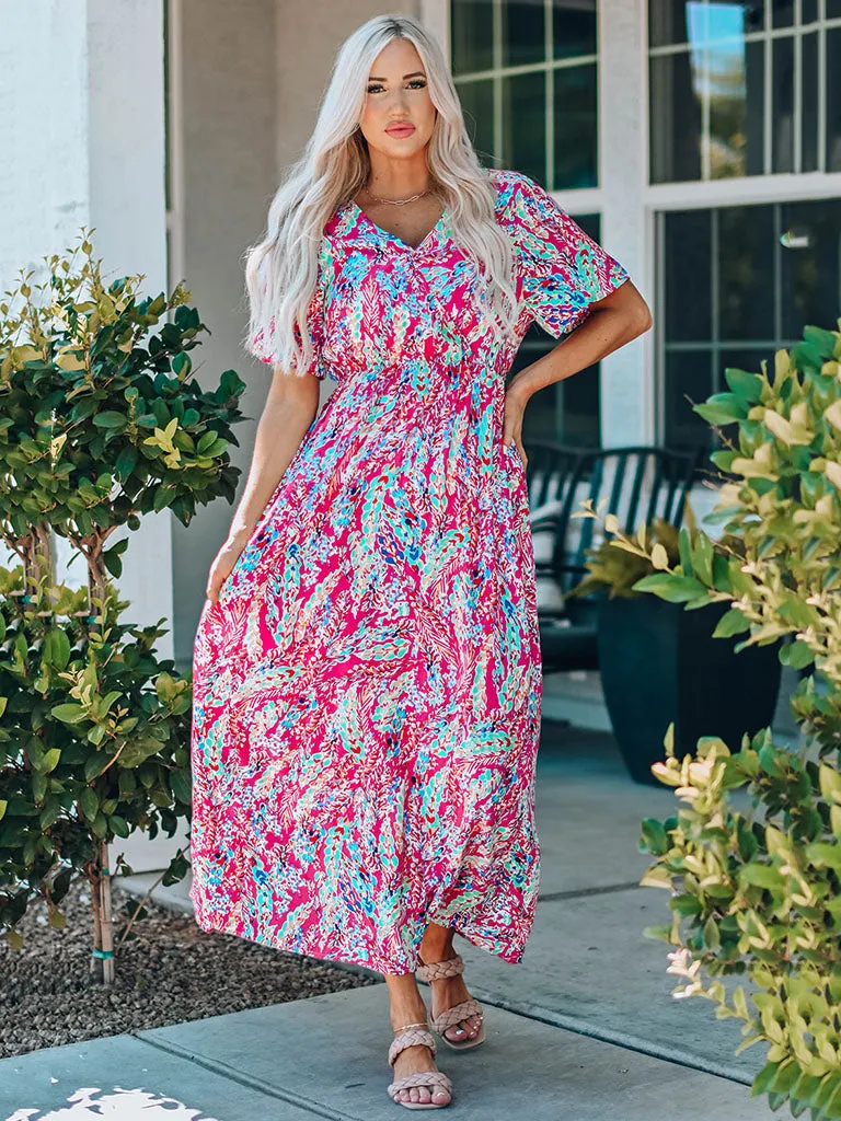 High Waist V Neck Short Sleeves Floral Printed Maxi Boho Dress