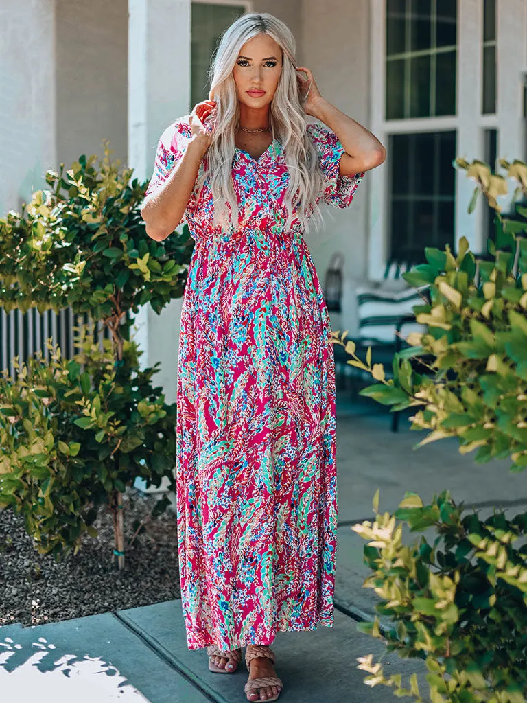 High Waist V Neck Short Sleeves Floral Printed Maxi Boho Dress