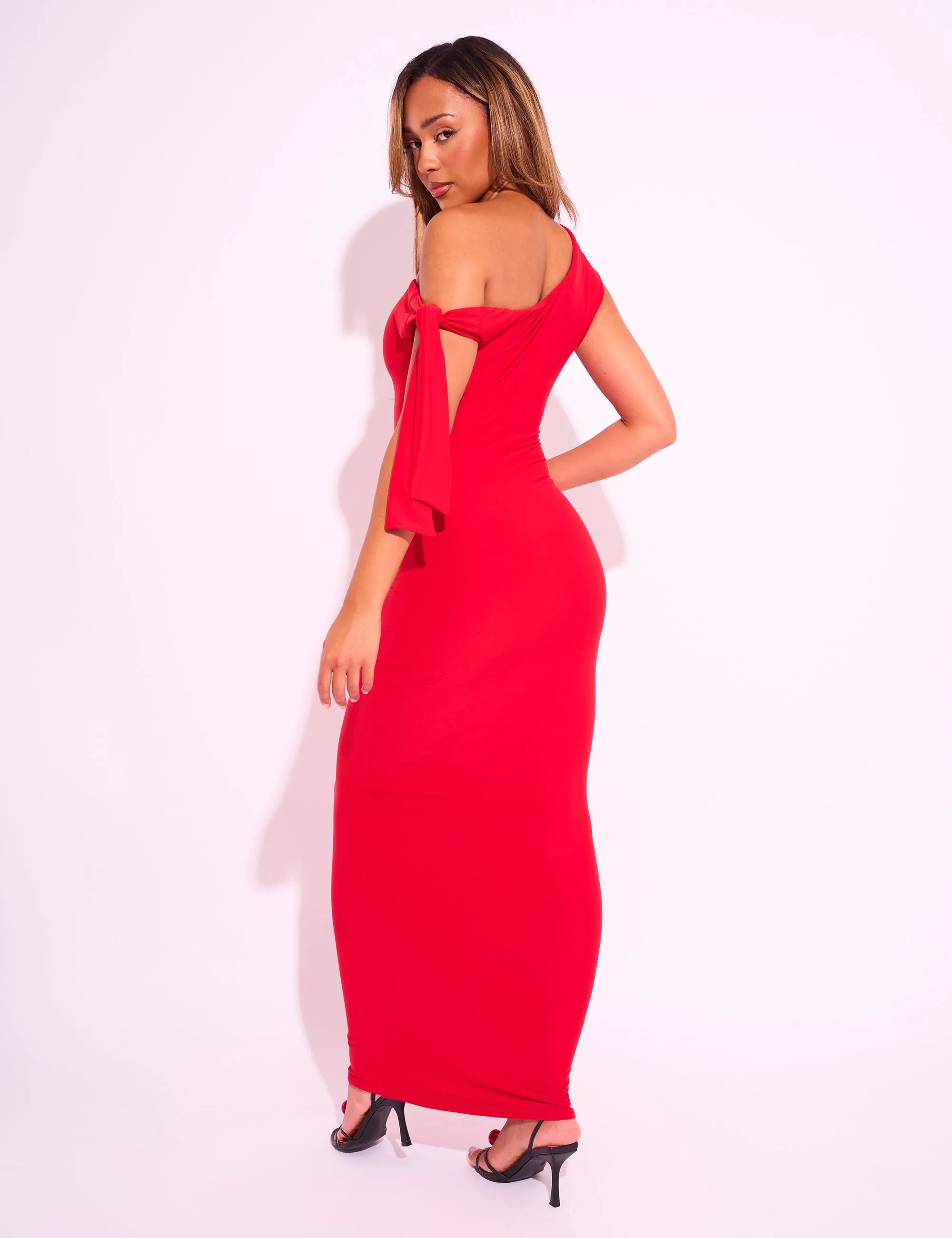 Knot Detail Asymmetric One Shoulder Luxe Slinky Maxi Dress Red