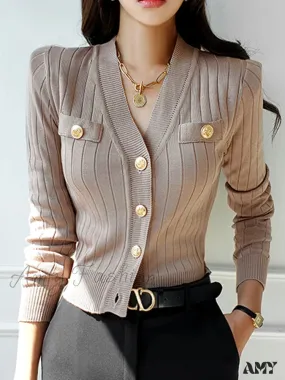 Korean Chic V-Neck Knitted Casual Basic Long Sleeve Vintage Sweater