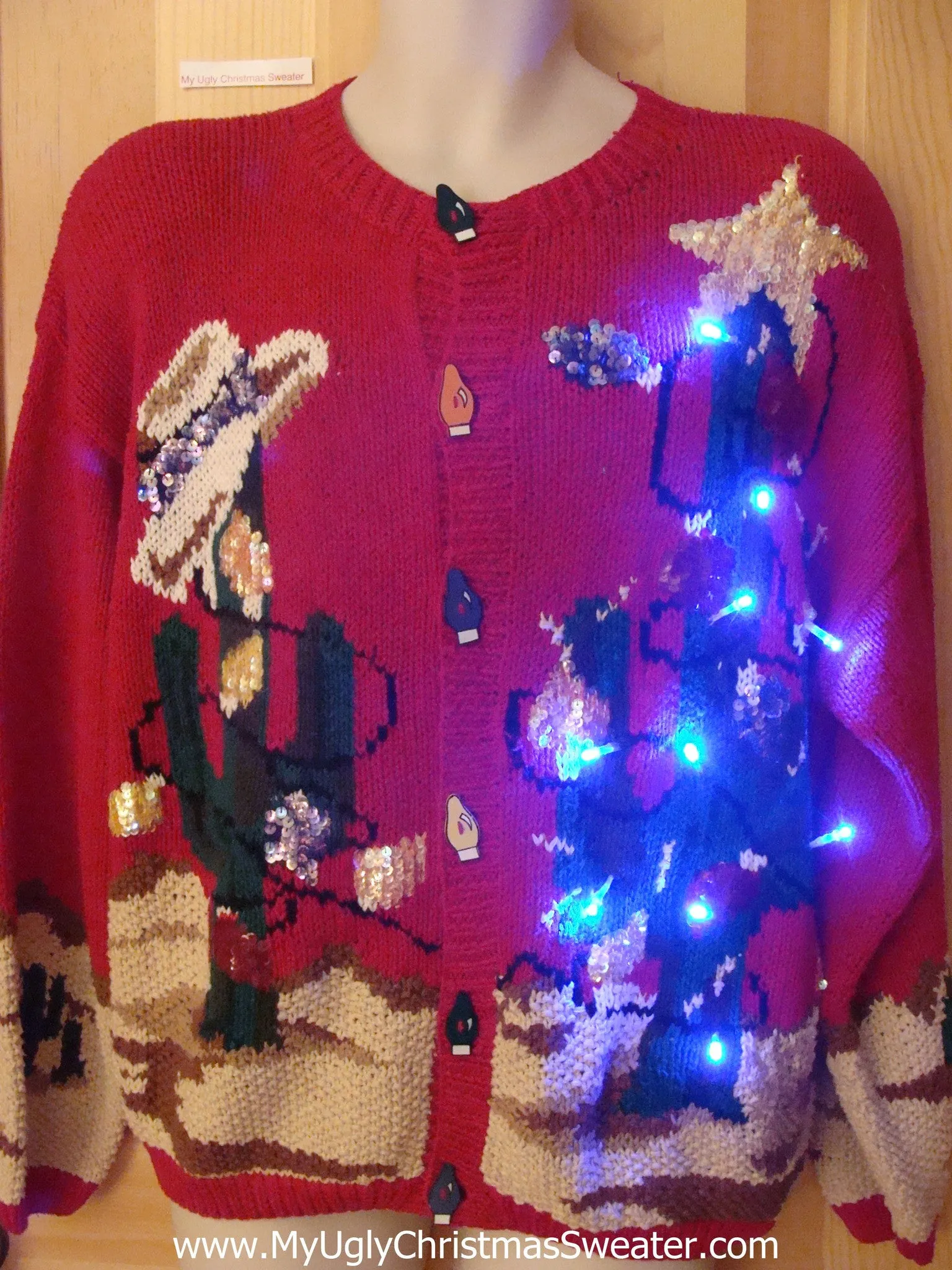 Light Up Ugly Xmas Sweater Cactus Bling Holy Grail of Fun