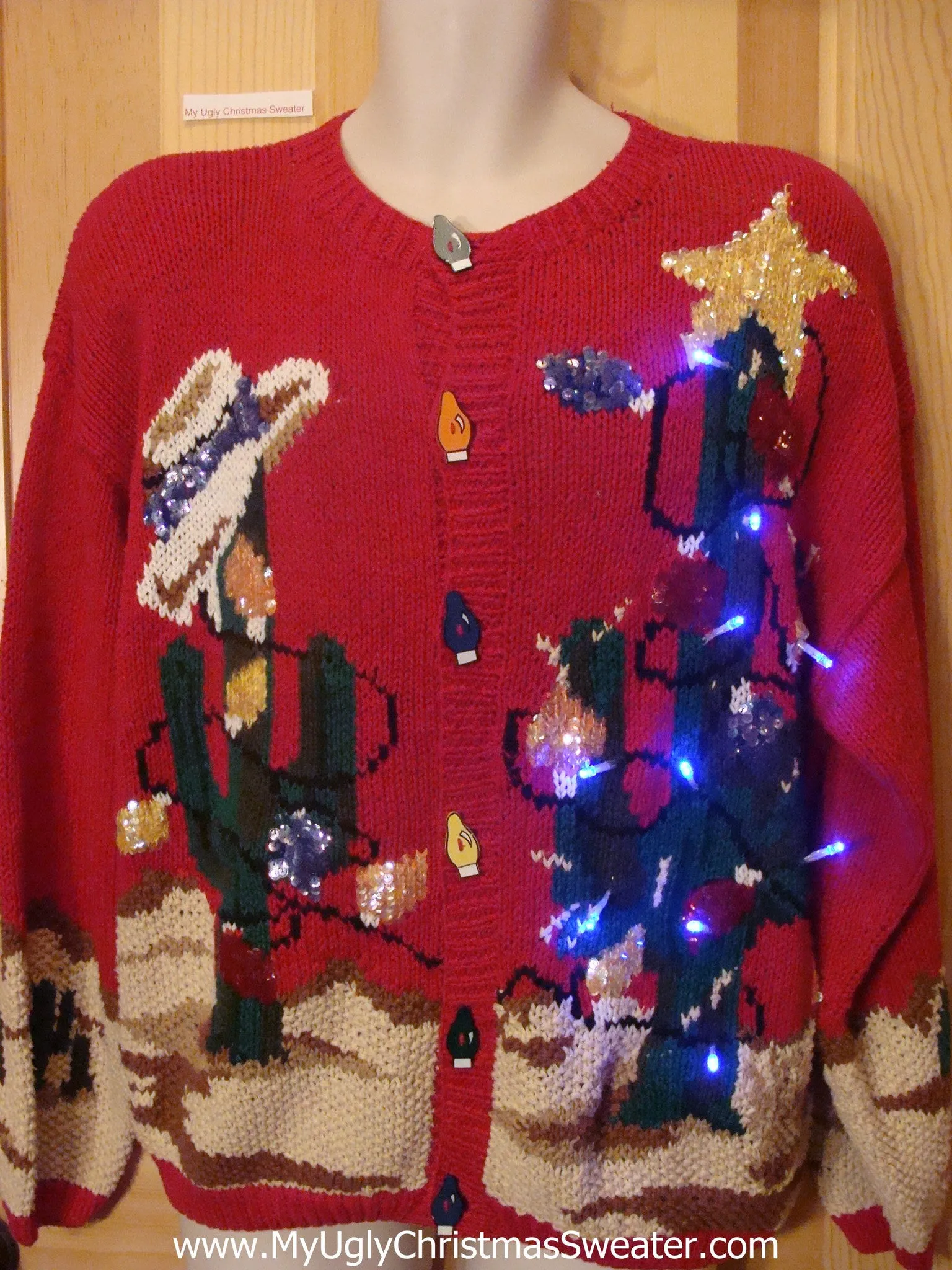 Light Up Ugly Xmas Sweater Cactus Bling Holy Grail of Fun