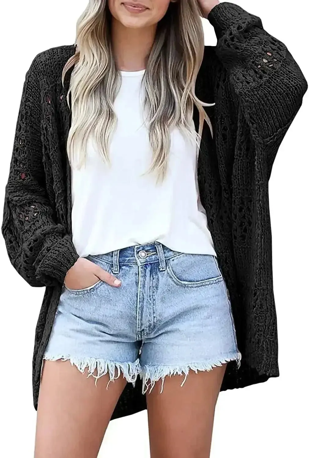 long crochet cardigan Women Cardigan Open stitch Sweater Hollow out Long Sleeve cardigan for women autumn solid outwear clothes