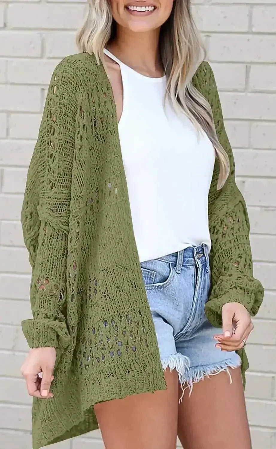 long crochet cardigan Women Cardigan Open stitch Sweater Hollow out Long Sleeve cardigan for women autumn solid outwear clothes