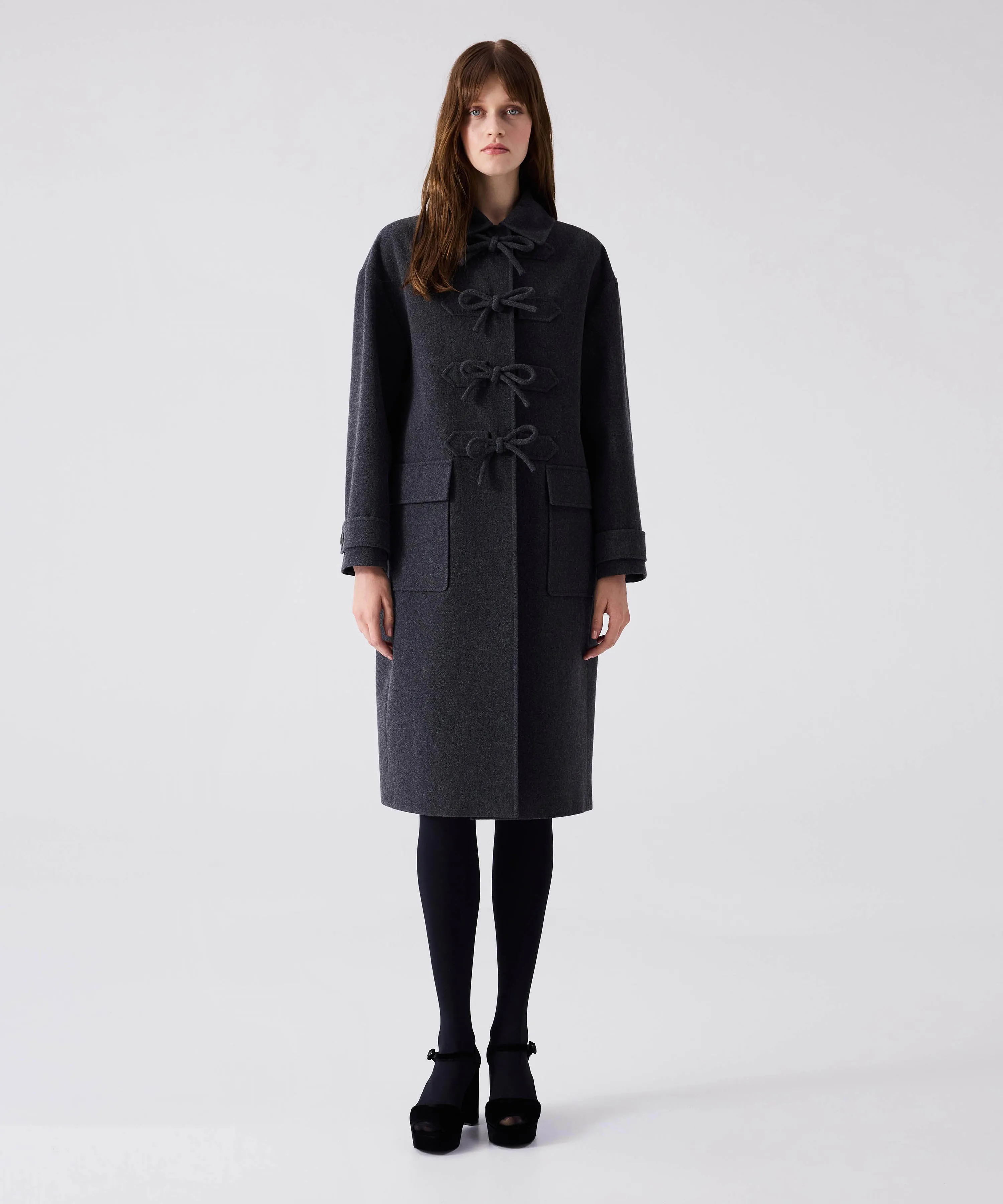 Machka Bow Shirt Collar Coat Anthracite